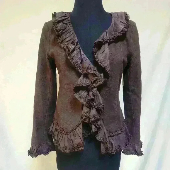 NWOT‎ Stunning Hazel Medium Warm Brown Jacket Embroidered Ruffle Pleated Trim - Picture 1 of 11
